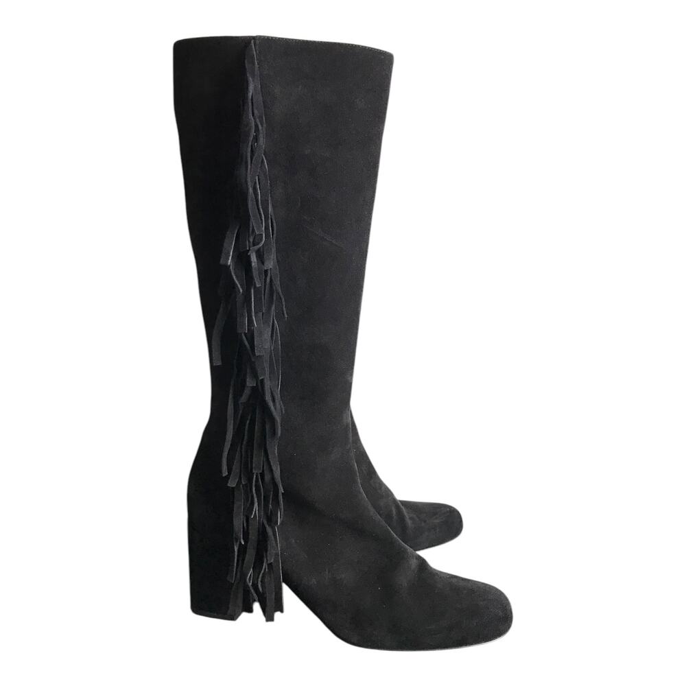 Saint Laurent Paris Black Suede Fringe Knee High Block‎ Heel Boots 40 YSL - Picture 3 of 8